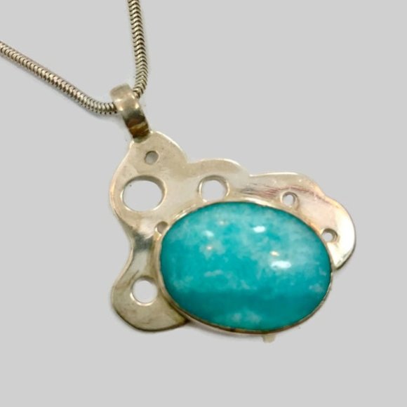 Jewelry - Amazonite Pendant, Sterling Silver, Larimar Necklace, Vintage, Modern